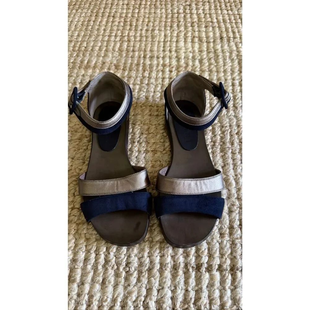 Marni Leather & Suede Flat Sandals Navy Bronze Ankle Strap Size 35